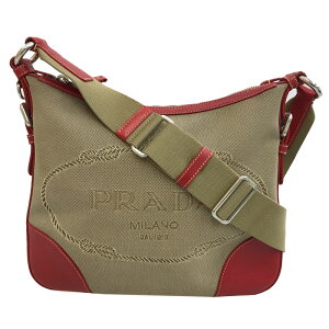 美品 プラダ PRADA ロゴ ジャガード ショルダーバッグ キャンバス レザー ブラウン レッド P12504 通販セール