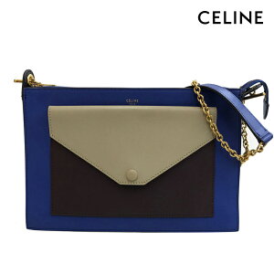 美品 セリーヌ CELINE ロゴ バイカラー クラッチ チェーン ショルダーバッグ レザー ブルー ブラウン P12571 バーゲン