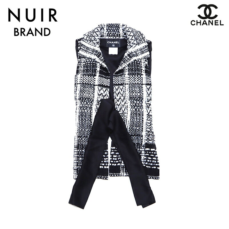 シャネル CHANEL ツイード×シルク ノースリーブ Size36 ジャケット ベスト ホワイト ブラック WS4494 【中古】