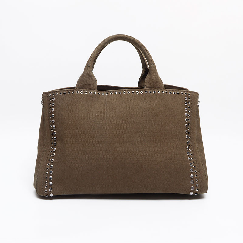 【20%OFF！ボーナス活用応援クーポン 6/26 23:59まで】プラダ PRADA スタッズ カナパ M キャンバス トートバッグ カーキ WS13405 【中古】