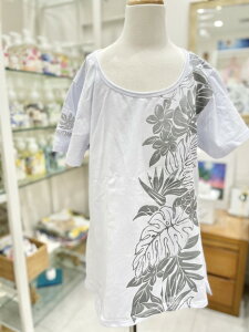 【MUTIARA】 Tシャツ グレー レディース Lサイズ フラダンス 練習着 リーフ柄 花柄 海外 海外輸入 ハワイ ハワイアン お土産 プレゼント