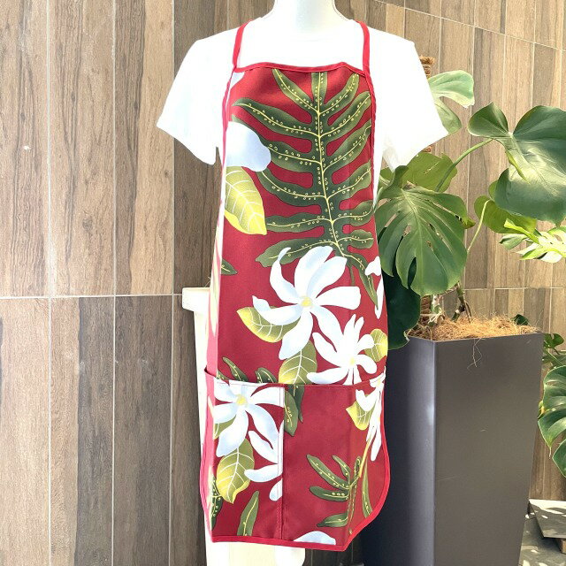 【Kauhale Living】【エプロン】ハワイ ファブリック ハワイアン柄 ティアレ ダークレッド 100％ポリエステル 防汚コーティング 海外 海外輸入 プレゼント mu