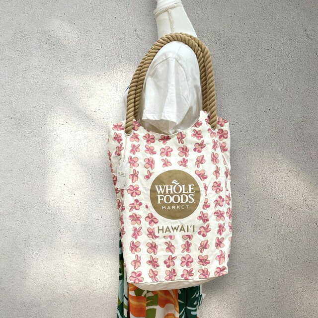 【送料無料】【WHOLE FOODS MARKET】ホールフーズ トートバッグ プルメリア ピンク ホワイト レイ マチ..