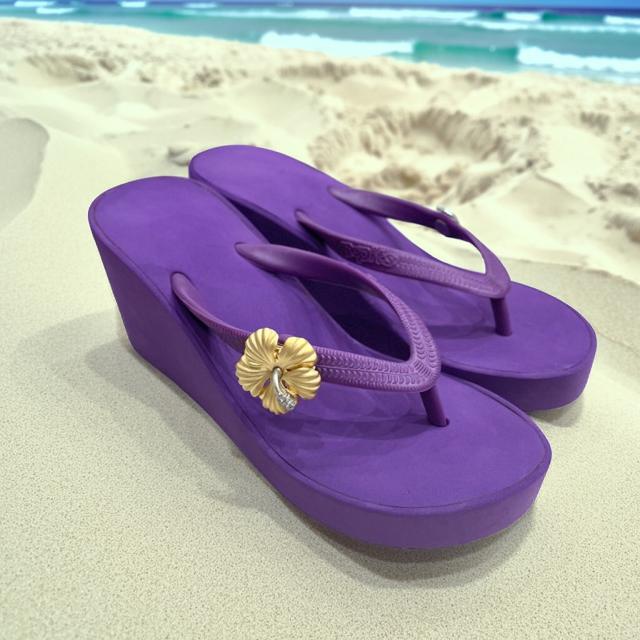 【POPITS】 ポピッツ 【ビーチサンダル】 サンダル XXS パープル 飾り付き 花 ハイビスカス ゴールド ..