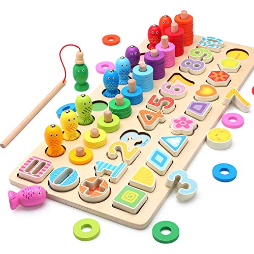木製パズル 5in1 木のおもちゃ 数字認知 色の認識 形の認知 立体パズル 釣りおもちゃ Bajoy 色々遊び方の木製おもちゃ ちいく玩具 収