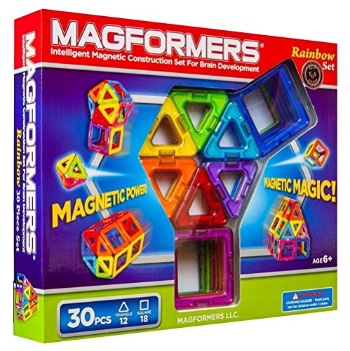 ◆商品名：マグフォーマー 30ピース レインボーセット MAGFORMERS マグネットブロック 創造力を育てる知育玩具 【30ピース】 [並行輸入品] 三角形×12個 　正方形×18個 　ガイドブック（英語） ピースの各辺に磁石を内蔵し、ピース同士を近づけると中の磁石がクルッと動き、反発しないでつながります。 平面だけでなく、展開図が一瞬で立体構造に変身する、磁石ならではの簡単でスピーディーな変化も楽しめます。 ​遊びながら、「図形学習で求められる感覚」＝「頭の中で図形をイメージできる能力」を 育てることができるのです。 並行輸入品のため日本国内での製品保障は適応されません。海外正規店からのお取り寄せ商品のため、商品内容に違いはございません。