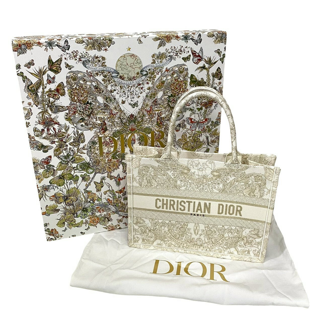乐天商城 - 【中古】Dior ディオール ブックトートバッグ ミディアム アイボリー ゴールド/金 Christian Dior/クリスチャンディオール