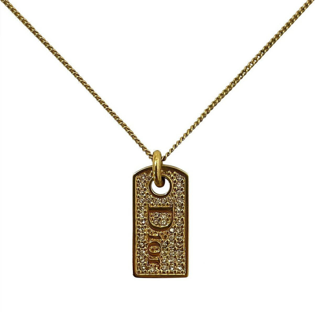 Rakuten - 【中古】Dior ディオール ロゴ プレート ネックレス ゴールド 金カラー ラインストーン パヴェ ペンダント ヴィンテージ Christian Dior クリスチャンディオール