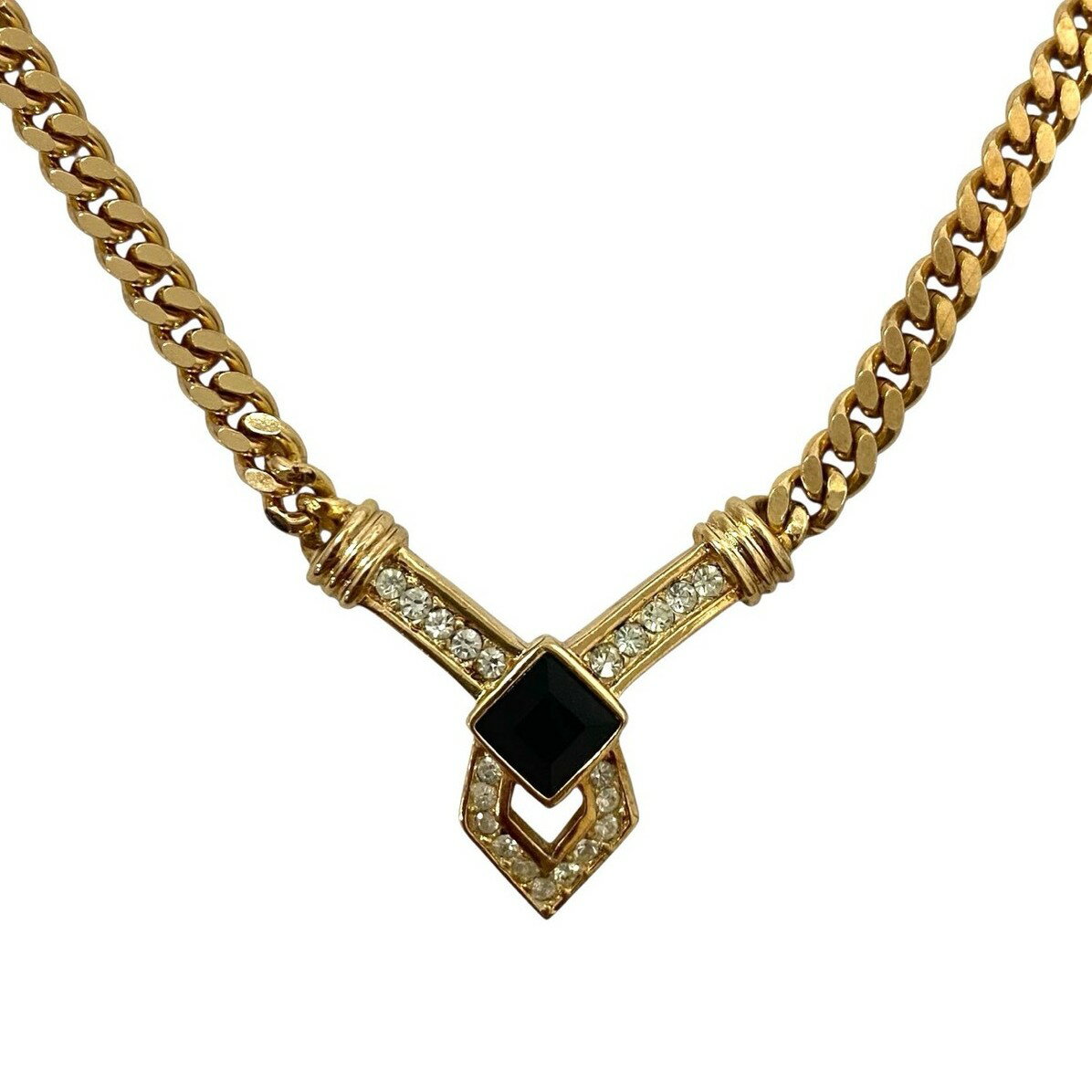 Rakuten - 【中古】Dior ディオール チェーン ネックレス ゴールド 金カラー ブラック 黒 ラインストーン 喜平 Christian Dior クリスチャンディオール (SER-7354)