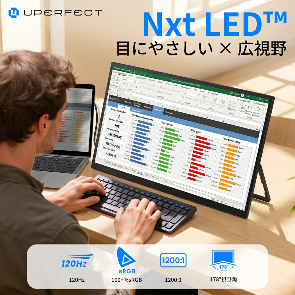 Rakuten - 【革新NXT LED搭載 目に優しい モバイルモニター】モバイルモニター 15.6/18.5インチ フルHD 120Hz 1200:1 高コントラスト IPSパネル 低ブルーライト 目に優しい Type-C対応 miniHDMI VESA対応 ゲーミング テレワーク UPERFECT