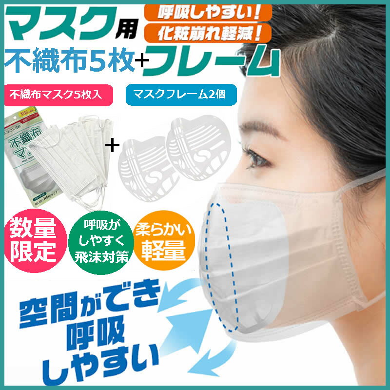 送料無料 不織布マスク5枚入 + マスクフレーム 2個セット インナーフレーム シリコンのような柔らかさ 軽量 3d マスク フレーム 立体マスクインナー インナー 立体 化粧崩れ 布マスク インナーマスク 女性用 男女兼用 洗える 涼しい ムレない 呼吸 会話 口紅 楽