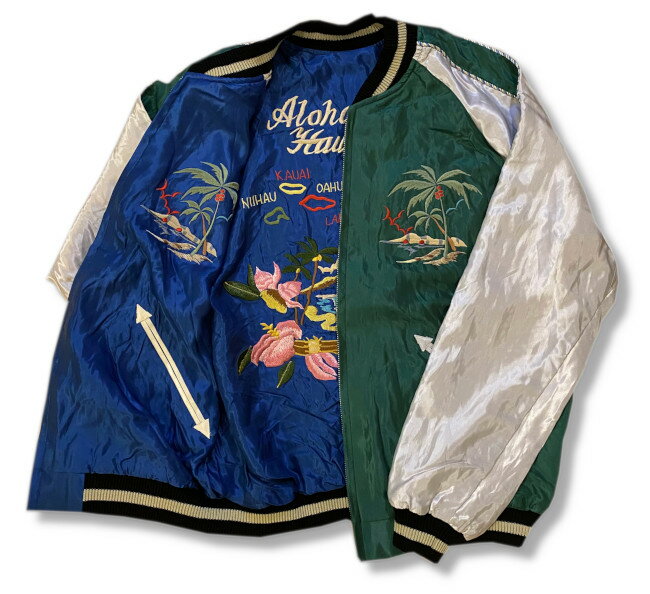 TT15273-145 / Late 1950s Style Acetate Souvenir Jacket “EAGLE & DRAGON” × “HAWAII MAP”