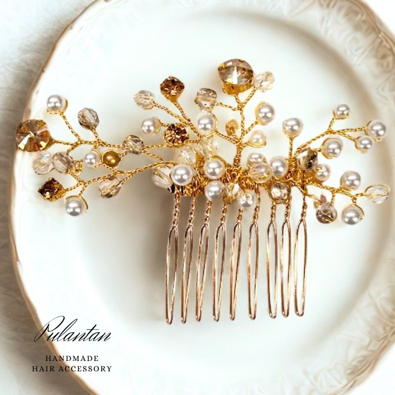 ヘアコーム 小枝 パール ラインストーン キラキラ おしゃれ 90mm×62mm アクセサリー 髪飾り ヘッドドレ..