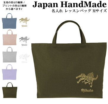 【最大1000円OFFクーポン有】 ハンドメイド 名入れ レッスンバッグ マチ付き ( Mサイズ 40 × 30 )( 恐竜 / スピノサウルス / くすみ カラー ) | 女の子 男の子 レッスンバック 手提げ袋 手提げバッグ おけいこバッグ 小学校 入