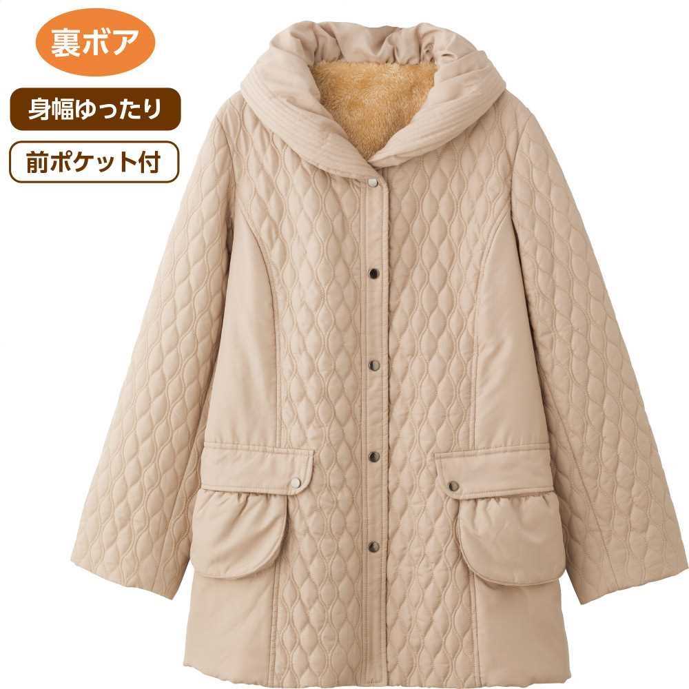 【送料無料】薄中綿裏ボアヘチマ衿コート(婦人) M・L・LL モカ・ネイビー 秋冬 プレゼント ギフ ...