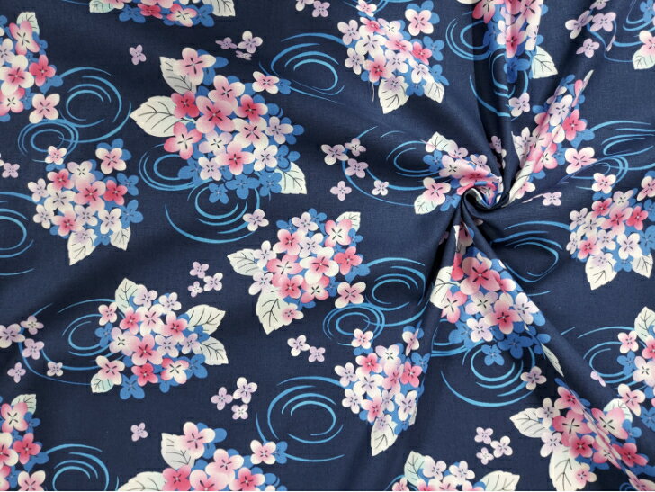 お買い得商品♪【2mカット生地】シーチング生地☆和調あじさい柄☆〜紺色〜のサムネイル