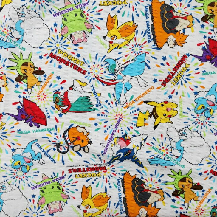 【 お買い得商品！ハギレ1.2m 】【リップル生地☆ポケットモンスター花火柄〜ホワイト】甚平/夏服/パジャマ男の子柄のサムネイル