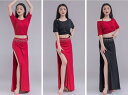 ベリーダンス ダンスウェア レディース Tシャツ+スカート 見せパン付き スリット 半袖 無地 モダール 柔らかい エレガント セクシー ダンス衣裳 2点セット...