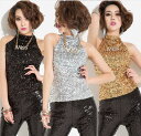 ダンス衣裳 トップス タンクトップ Tシャツ ハイネック ノースリーブ レディース ジャズダンス jazz ヒップホップ ストリートダンス衣装 スパンコール キ...