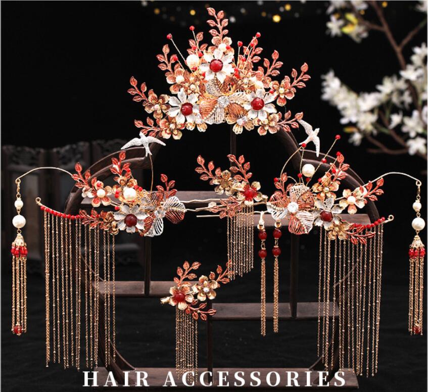 レディース コスプレ道具 古典美人 唐装漢服用 ヘアアクセサリー 髪飾り かんざし ヘアピン コーム ティアラ 4点セット フリンジ付き チャイナ風 花嫁 ペア...