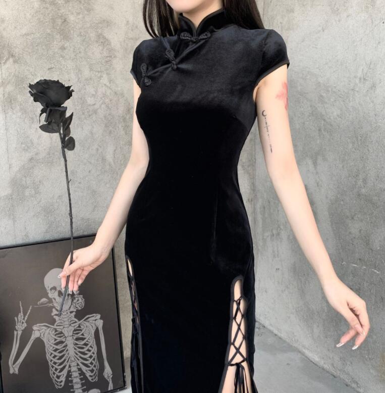 レディース チャイナドレス タイトドレス ワンピース キャミソールドレス マキシ丈 ゴシック 両側スリット 無地 スレンダーライン ハロウィーン衣裳 ダンスウェア コスプレ衣装 巫女 魔女 仮装 変装 ステージ舞台演出服 黒 ブラック S M L