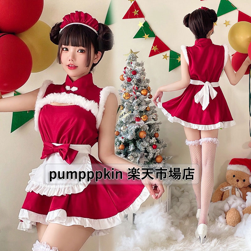 クリスマス衣裳 コスプレ仮装 Christmas ワンピース ノースリーブ 髪飾り エプロン付き ショート丈 少女 ガールズ ファー フルセット コスチューム 可愛い サンタクロース ペティート ダンスウェア パーティー イベント衣装 舞台演出服 学園祭文化祭 レッド