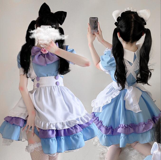 ハロウィン コスプレ メイド服 半袖 膝丈 ワンピース メイドコス 仮装 衣装 可愛い メイド コスプレ衣装 ゴスロリ ロリータ エプ ロン ウェイトレス カチューシャ付き 猫爪リボン 裾フリル ハロウィン衣装 ブルー S M L XL 2XL