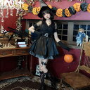 ハロウィン コスプレ 衣装 大人 レディース 膝丈 ショート丈 ワンピース Vネック チュール 裾フリル 暗色系 魔女 悪魔 巫女 ウィッチ 仮装 変装 帽子 手袋 付き4点セット ミニ セクシー ハロウィン コスチューム 学園祭 パーティー 余興 ダンス衣装 黒 M L XL 3