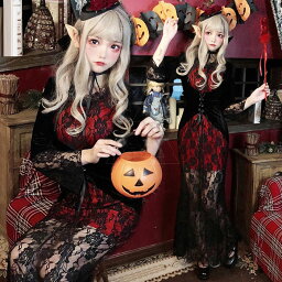 ハロウィン コスプレ 衣装 大人 レディース プリンセス コスチューム2点セット ヴァンパイア 魔女 巫女 悪魔 ヴァンパイア 仮装 変装 レース ロング丈 ワンピース 七分袖 長袖 薔薇花 セクシー 黒赤 配色 可愛い cosplay ハロウィン衣装