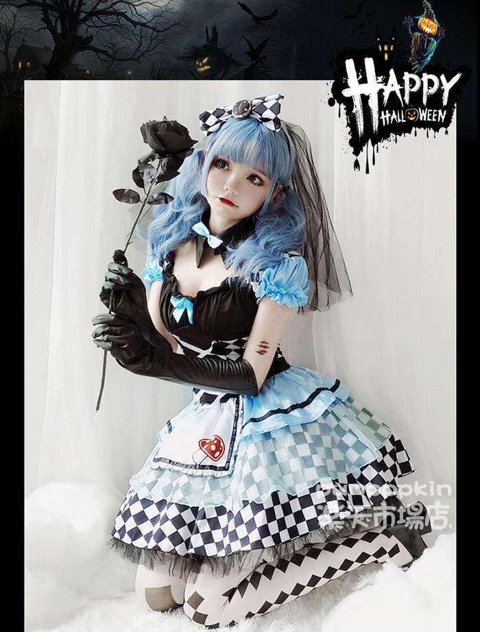 ハロウィン コスプレ 衣装4点セット 魔女 巫女 小悪魔 コスチューム 可愛い メイド服 半袖 ショート丈 ワンピース エプロン ロリータワンピース チュール 裾フリル 大きいリボン お嬢様 お姫様 ハロウィン衣装 COSPLAY ネックウェア 髪飾り 手袋有 チェック 格子 黒青 M L XL