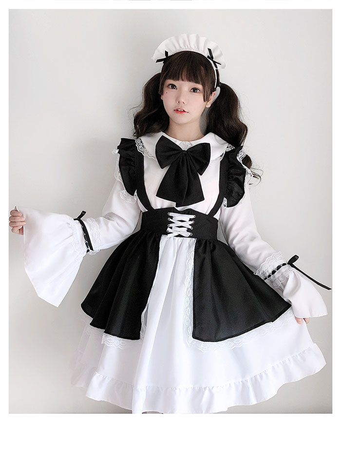 pumpppkin 楽天市場店のハロウィン コスプレ衣装 メイド服 レディース 上下5点セットアップ メイド 仮装 衣装 女性 大きいリボン 花付き フレア袖 レースフリル 大人 ハロウィン仮装 可愛い コスプレ衣装 正統派 メイド ゴスロリ ロリータ ドレス cosplay 黒 白 ブラック ホワイト S M L XL XXL｜アングル2