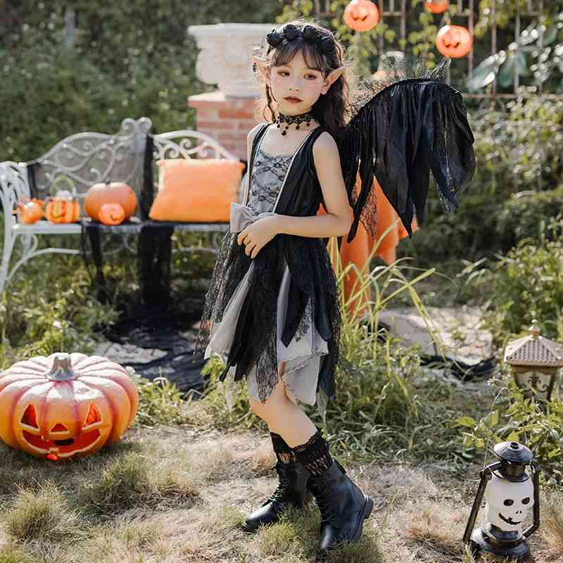 ハロウィン コスプレ 衣装 子供 悪魔 仮装 衣装 天使の羽 巫女 魔女 コスチューム 上下3点セットアップ フルセット 女の子 面白い 小悪魔 魔法少女 可愛い コスプレ衣装 ロング レース ワンピース カチューシャ 羽根 デビル ゾンビ 吸血鬼 ブラック 黒 110 120 130 140 150cm