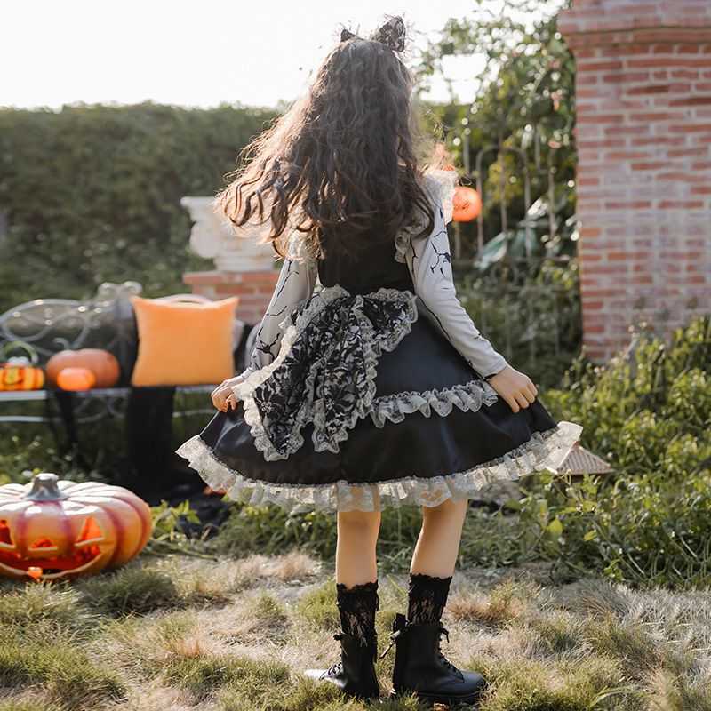 子供 ハロウィン コスプレ 衣装 ゴシック ワンピース ウィッチ 仮装 ゴスロリ きれいめ 黒 ドレス レースフリル リボン 膝丈 暗黒系 ロリータ ワンピース 女の子 可愛い 巫女 魔女 ゾンビ 吸血鬼 悪魔 イペント 学園祭 文化祭 演出服 黒 110 120 130 140 150 160 165 170cm