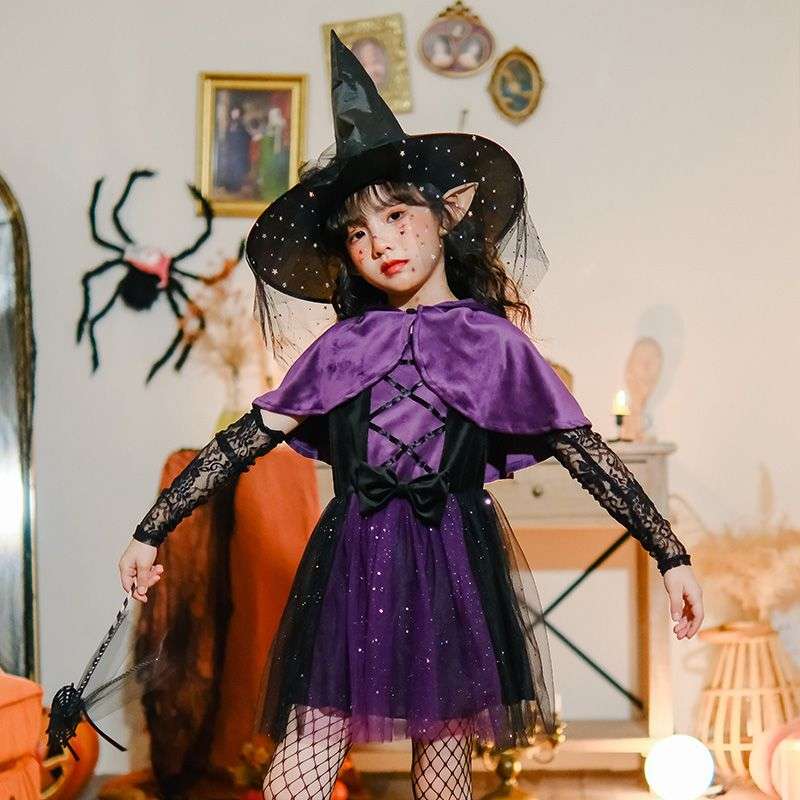 ハロウィン コスプレ 衣装 子供 仮装 魔女 巫女 ハロウィンコスプレ フルセット 女の子 キッズ ハロウィン コスチューム 舞台ステージ衣装 上下 2点 3点 セットアップ ワンピース ショール マント パーティー イベント 可愛い 演出服 パープル 110 120 130 140 150cm
