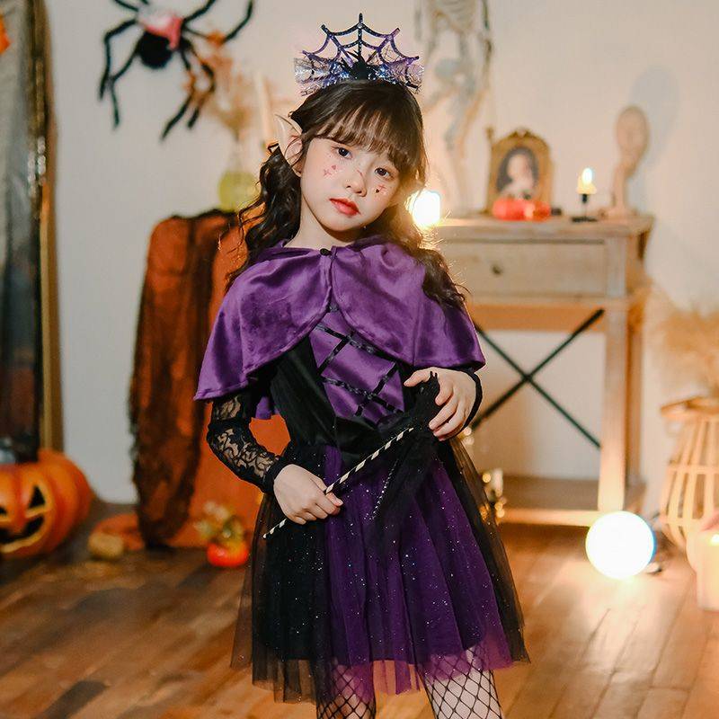 ハロウィン コスプレ 衣装 子供 仮装 魔女 巫女 ハロウィンコスプレ フルセット 女の子 キッズ ハロウィン コスチューム 舞台ステージ衣装 上下 2点 3点 セットアップ ワンピース ショール マント パーティー イベント 可愛い 演出服 パープル 110 120 130 140 150cm