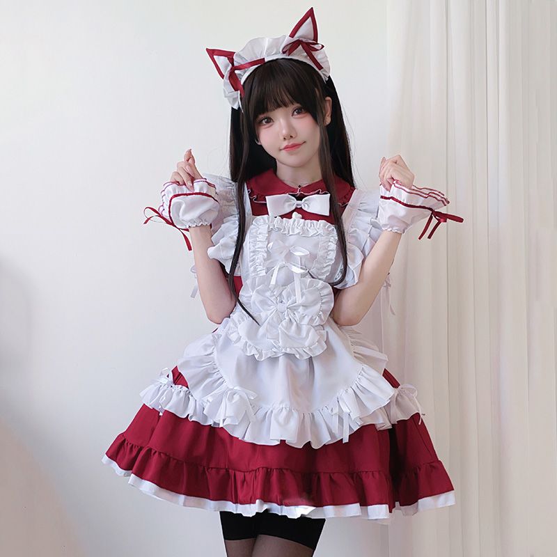 メイド服 ハロウィン コスプレ 衣装 レディース 大人 ゴシック風 メイド 仮装 半袖 裾フリル 可愛い ゴスロリ ロリータ ワンピース エプロン ドレス 上下5点セット コスチューム ウェイトレス 制服 学園祭 文化祭 余興 パーティー イベント 赤 ワインレッド S M L XL 2XL 3XL