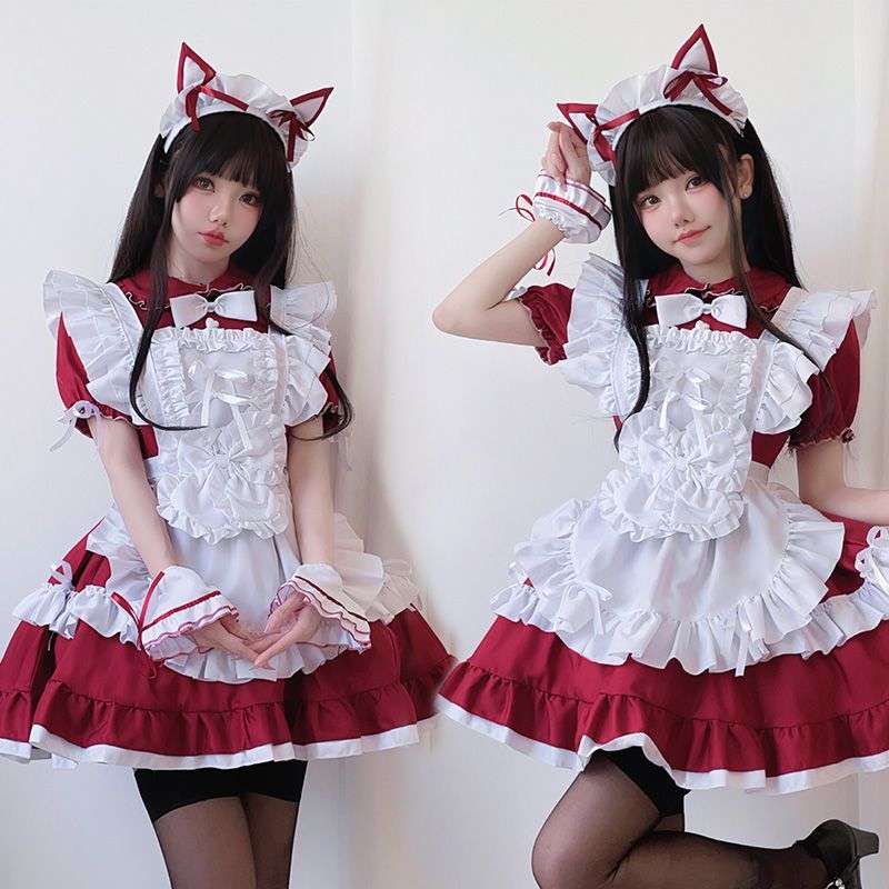 メイド服 ハロウィン コスプレ 衣装 レディース 大人 ゴシック風 メイド 仮装 半袖 裾フリル 可愛い ゴスロリ ロリータ ワンピース エプロン ドレス 上下5点セット コスチューム ウェイトレス 制服 学園祭 文化祭 余興 パーティー イベント 赤 ワインレッド S M L XL 2XL 3XL