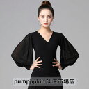 ダンス衣装 ラテン モダン ワルツ 社交ダンス トップス 大人 レディース パフスリーブ ストレッチ レッスンウェア 長袖 Vネック ダンスウェア 練習着 レッ...