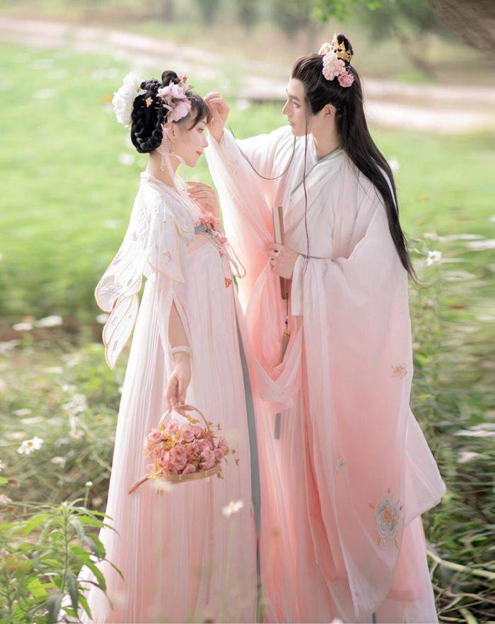 Conjunto de lujo superior e inferior de 4 piezas Ropa Han Ropa de hombre Mujer Pareja Ropa china Halloween Cosplay Gradación Manga larga Vestido chino Furisode Disfraz Escenario Conjunto completo Blusa + Falda + Haori * 2 Adulto Chino Antiguo Disfraz Hada Fluffy Ropa china Damas Hombre Evento Escuela Festival Fotografía Rosa — vista 2