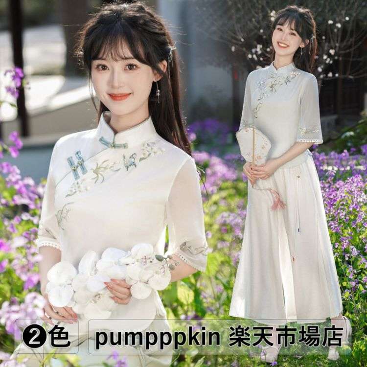 中華服 チャイナドレス 春夏 唐装 日常着 改良 漢服 女性 大人用 花 刺繍 薄手 おしゃれ 普段着 パーテ..