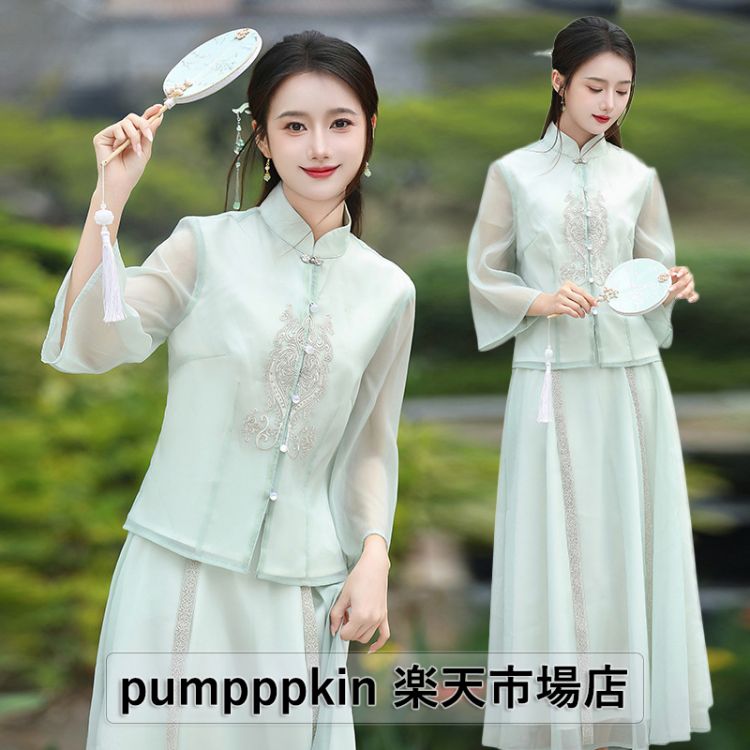 夏新作 上品 オリジナル 中華服 改良 刺繍 漢服 女性 チャイナドレス 大人用 日常着 中国 民国風 古典 エスニック 着痩せ おしゃれ 茶芸服 チャイナボタン スタンドカラー 上下2点セット トップス+ロング丈スカート イベント 学園祭 文化祭 華流 舞台ステージ衣装 写真撮影
