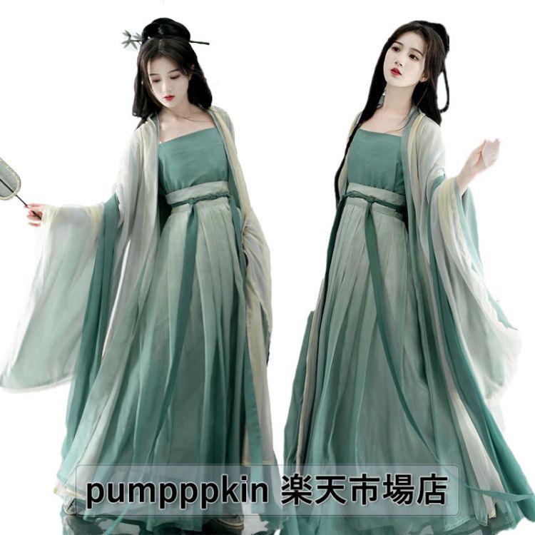 高級感 漢服 コスプレ衣装 レディース 中華服 4点~5点セットアップ コスチューム 大人用 グラデーション 中華ドレス 華流 チャイナ服 広袖 羽織 イベント 学園祭 時代劇 ロング丈 チャイナドレス 古典美人 飘逸 舞台ステージ衣装 ダンス衣装 グリーン S M L XL