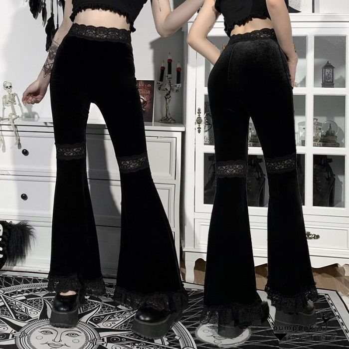 パンタロン パンツ レディース ゴシック ハイウエスト レース 切り替え ズボン ラッパズボン タイツ コスプレ衣装 ボトムス ハロウィーン衣裳 ダンスウェア 巫女 魔女 仮装 変装 ステージ衣装 舞台 演出服 黒 ブラック S M L