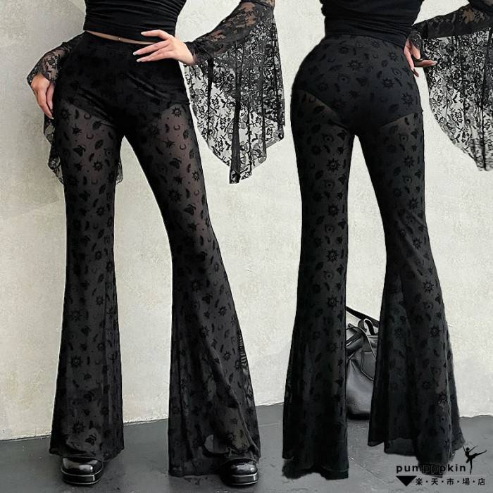 セクシー パンタロン パンツ レディース ゴシック ハイウエスト 透け感あり ズボン ラッパズボン 透かし彫り 欧米風 タイツ コスプレ衣装 ボトムス 見せパン付き ハロウィーン衣裳 ダンスウェア 巫女 魔女 仮装 変装 ステージ舞台演出服 黒 ブラック S M L