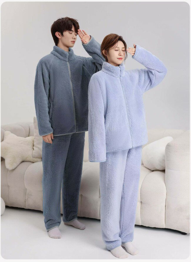 pumpppkin 楽天市場店の【7色】恋人 ペアルック あったかい フランネル パジャマ 暖かい パジャマ レディース メンズ 秋冬 厚手 夫婦 ジップアップ ルームウエア 上下2点セットアップ 無地 起毛 スタンドカラー 部屋着 寝間着 前開き 長袖 男性 女性 パジャマセット ギフト プレゼント M L XL 2XL｜アングル3