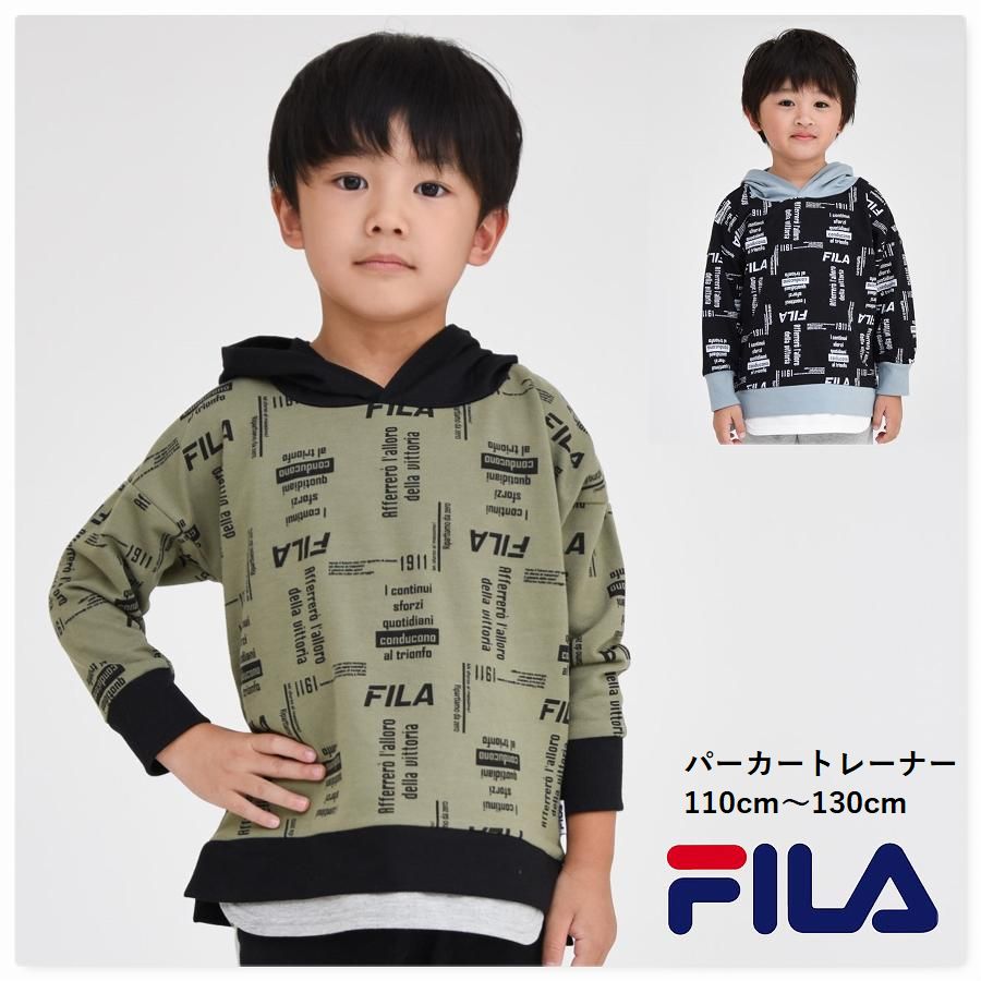 パーカー トレーナー 子供服 FILA キッズ男の子 女の子 総柄 ロゴ フィラ ブランド フード ミニ裏毛 長袖 ベーシック 子ども服 冬 学校 小学生 秋