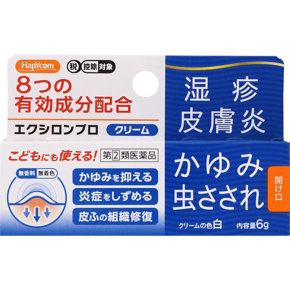 ※ご購入時の問診事項について、【購入不可】を選択されている場合は、 当店にて後ほどご注文のキャンセル手続きを取らせていただきます。 あらかじめご了承くださいませ。 【配送に関する注意事項】 ●お届けはヤマト運輸・メール便（ポスト投函）又は日本郵便のゆうパケット（ポスト投函）の使用となりますので、 お届けまでに1〜2週間のお時間頂く場合がございます。※配送業者はご指定頂けません。 ●配送中、箱潰れが発生する可能性がございます。あらかじめご了承ください。 ●決済方法として、代金引換はご利用頂けません。 ●日時指定、お届けの時間指定はご利用頂けません。 ●メール便配送不可の商品とご一緒にご注文の場合は、宅配便配送に変更となり、別途送料をいただきます。 ●商品が紛失、未着、破損した場合でも、補償の対象となりませんのでご注意ください。 【商品説明】鎮痒消炎薬エクシロンプロクリームは、アンテドラッグステロイド（PVA）を含む8つの有効成分を配合し、かゆみ・湿疹・虫さされなどの症状にすぐれた効果を発揮します。べたつかないクリームタイプです。「アンテドラッグ」とは皮膚表面の患部で効果を発揮したのち、体内に吸収されると作用の弱い物質に変化する性質を持つ成分です。○アンテドラッグステロイド成分「プレドニゾロン吉草酸エステル酢酸エステル（PVA）」が、湿疹・皮膚炎等の炎症を鎮めます。○3つのかゆみ止め成分「ジフェンヒドラミン塩酸塩、クロタミトン、リドカイン」が、湿疹・虫さされ等に伴うかゆみを抑えます。○抗炎症成分である「グリチルレチン酸」が、炎症を鎮め、かゆみのもとを抑えます。○血行促進成分である「トコフェロール酢酸エステル」が、皮膚の血行を促進し、治療効果を高めます。○組織修復成分である「アラントイン」が、痛んだ皮膚の組織を修復します。○殺菌成分である「イソプロピルメチルフェノール」が、患部の感染を防ぎ、二次感染による悪化を防ぎます。【使用期限】使用期限半年以上の商品を販売しております【効能・効果】かゆみ、湿疹、虫さされ、皮膚炎、かぶれ、あせも、じんましん【成分】1g中成分・・・分量・・・作用プレドニゾロン吉草酸エステル酢酸エステル・・・1.5mg・・・アンテドラッグステロイド成分の1つで、湿疹・皮膚炎等の炎症を鎮めます。グリチルレチン酸・・・5mg・・・抗炎症作用により、炎症を鎮めます。ジフェンヒドラミン塩酸塩・・・20mg・・・抗ヒスタミン作用により、かゆみを抑えます。クロタミトン・・・50mg・・・温感神経に作用して、かゆみを抑えます。リドカイン・・・20mg・・・局所麻酔作用により、かゆみを抑えます。トコフェロール酢酸エステル・・・10mg・・・皮膚の血行を促進し、治療効果を高めます。アラントイン・・・2mg・・・痛んだ皮膚の組織を修復します。イソプロピルメチルフェノール・・・1mg・・・殺菌作用により、患部の感染を防ぎ、二次感染による悪化を防ぎます。添加物として、セトステアリルアルコール、中鎖脂肪酸トリグリセリド、ポリオキシエチレン硬化ヒマシ油、モノステアリン酸グリセリン、プロピレングリコール、ヒドロキシエチルセルロース、エデト酸Na、パラベン、リン酸、水酸化ナトリウム、ジブチルヒドロキシトルエンを含有します。【用法・用量】1日数回、適量を患部に塗擦してください。【使用上の注意】してはいけないこと（守らないと現在の症状が悪化したり、副作用が起こりやすくなります）1．次の部位には使用しないでください。（1）水痘（水ぼうそう）、みずむし・たむし等又は化膿している患部（2）目の周囲、粘膜等2．顔面には、広範囲に使用しないでください。相談すること1．次の人は使用前に医師、薬剤師又は登録販売者に相談してください。（1）医師の治療を受けている人（2）妊婦又は妊娠していると思われる人（3）薬などによりアレルギー症状を起こしたことがある人（4）患部が広範囲の人（5）湿潤やただれのひどい人2．使用後、次の症状があらわれた場合は副作用の可能性があるので、直ちに使用を中止し、この文書を持って医師、薬剤師又は登録販売者に相談してください。関係部位・・・症状皮膚・・・発疹・発赤、かゆみ、はれ、かぶれ、乾燥感、刺激感、熱感、ヒリヒリ感皮膚（患部）・・・みずむし・たむし等の白癬、にきび、化膿症状、持続的な刺激感3．5〜6日間使用しても症状がよくならない場合は使用を中止し、この文書を持って医師、薬剤師又は登録販売者に相談してください。3．長期連用しないでください。【保管及び取扱い上の注意】（1）本剤のついた手で、目など粘膜に触れないでください。（2）高温をさけ、直射日光の当たらない湿気の少ない涼しい所に密栓して保管してください。（3）小児の手の届かない所に保管してください。（4）他の容器に入れ替えないでください（誤用の原因になったり品質が変わります。）。（5）使用期限を過ぎた製品は使用しないでください。なお、使用期限内であっても、開封後は品質保持の点からなるべく早くご使用ください。【発売元、製造元、輸入元又は販売元】万協製薬株式会社「お客様相談室」TEL0598-30-5376広告文責：株式会社ププレひまわり（084-920-2250）