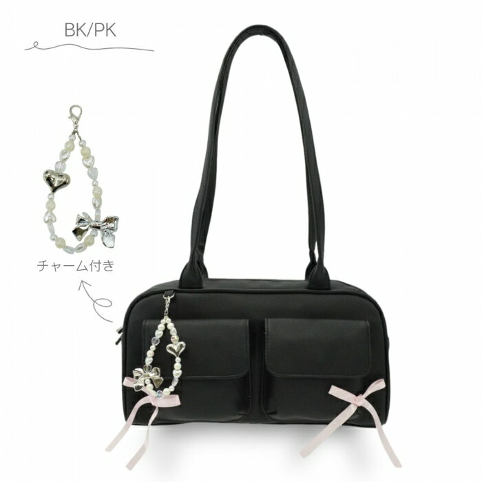 ツインリボン ボストンバッグM ボストンバッグ ミニボストン バッグ 横長 バッグ レディース かわいい リボン チャーム付き シンプル ロングハンドル ボストンバッグ ボストンバック