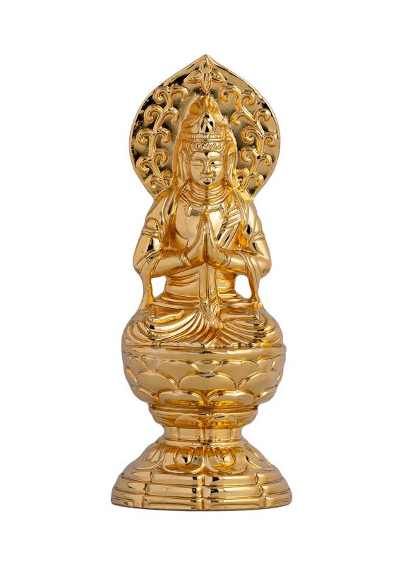 仏像 勢至菩薩 【小 6.8cm（金メッキ/24金） 仏師：渡辺景秋 原型＿（午年生まれ）十二支守り本尊 干支 高岡銅器(せいしぼさつS)シリーズ：十二支の守護本尊（純金メッキ仕上げ）　約7cm デスクの引き出し/バッグの隙間 狭い場所でもすっぽり収まる、携帯サイズのミニ仏像本体サイズ(約)：高さ6.8×幅2.7×奥行2.0cm (身丈3.7cm)　重さ：80g　製品内容：本体　化粧箱入材質：合金製（仏師 渡辺景秋 原型）　純金メッキ仕上げ　【高岡銅器/日本製午(うま)年生まれのお守り本尊　こちらは金属製の国産鋳造仏です。趣きあるインテリアとして、また心のよりどころとして、日々の暮らしの中でお楽しみ頂けるサイズとなります。