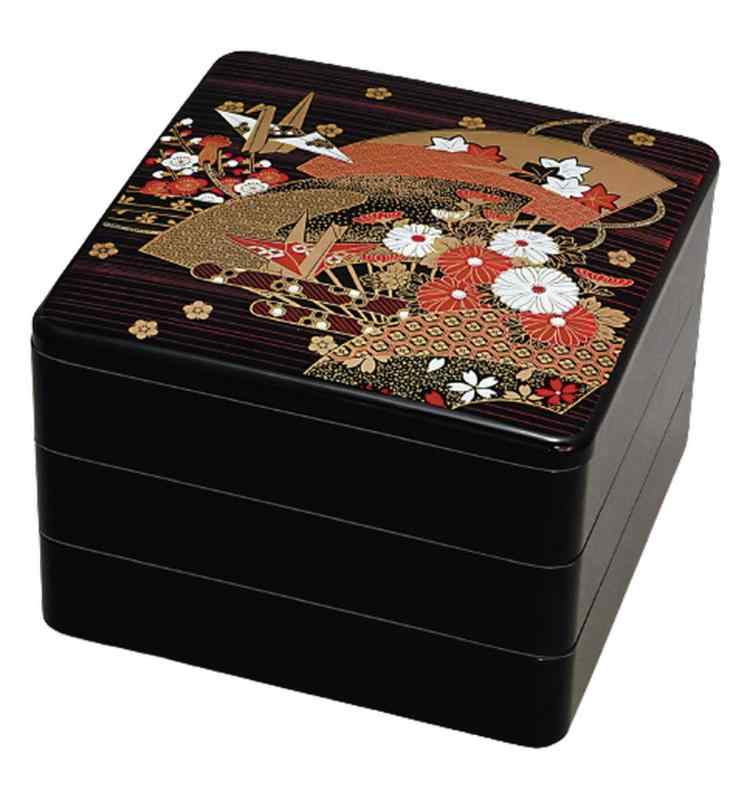 J-kitchens 重箱 3段 8寸 お重箱 黒扇面 24.1cm x 24.1cm x 17.4cm 日本製